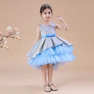 Blue Girls' Formal Layered Tulle Dress with Bow
